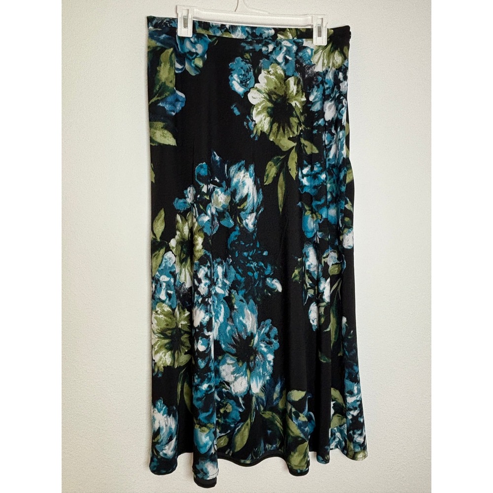 Dressbarn Floral Maxi Skirt Black Blue Green A-Line Elastic Waist 14W 511504